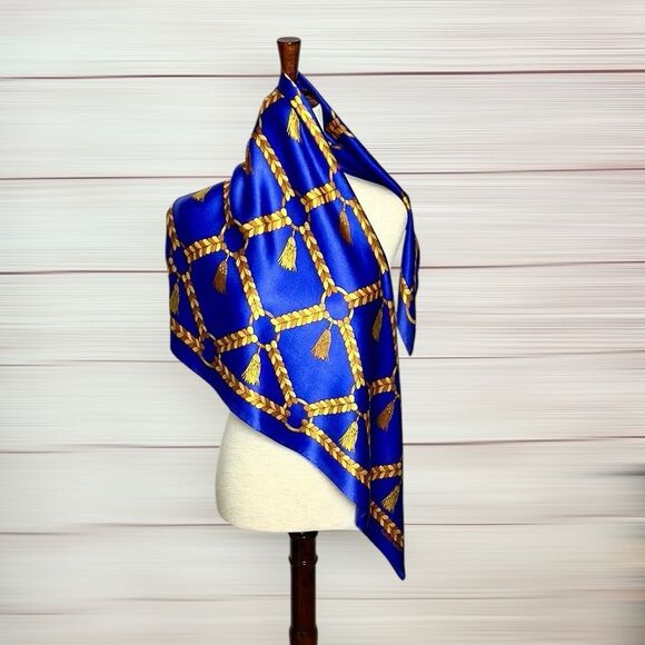 Albert Nipon Vintage Silk Scarf Cobalt Blue Gold Tassels Print Japan 35x35” - Picture 1 of 11